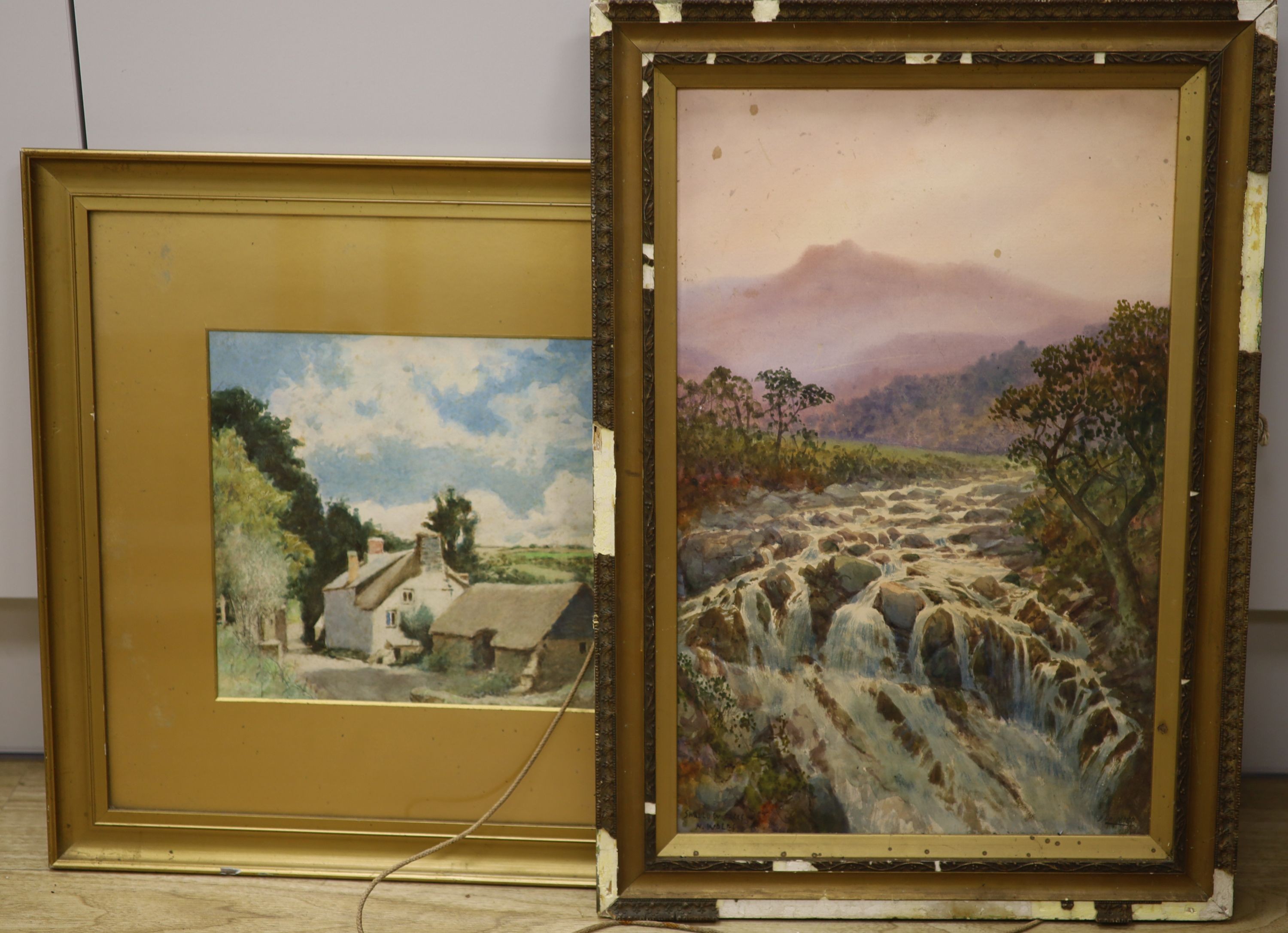 Douglas Houzen Pinder (1886-1949), watercolour, ‘Swallow Falls, N.Wales’, signed, 46 x 29cm. And an F.Hewett watercolour of a farmhouse, 24 x 33cm.